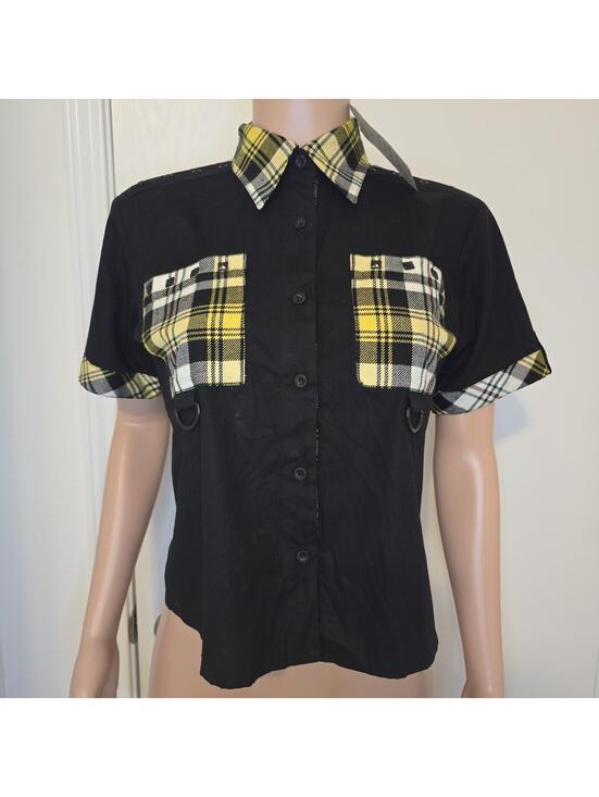 Tops - Dead Threads Women's Black Yellow Tartan Plaid Punk Blouse Sz M Collared Alt
